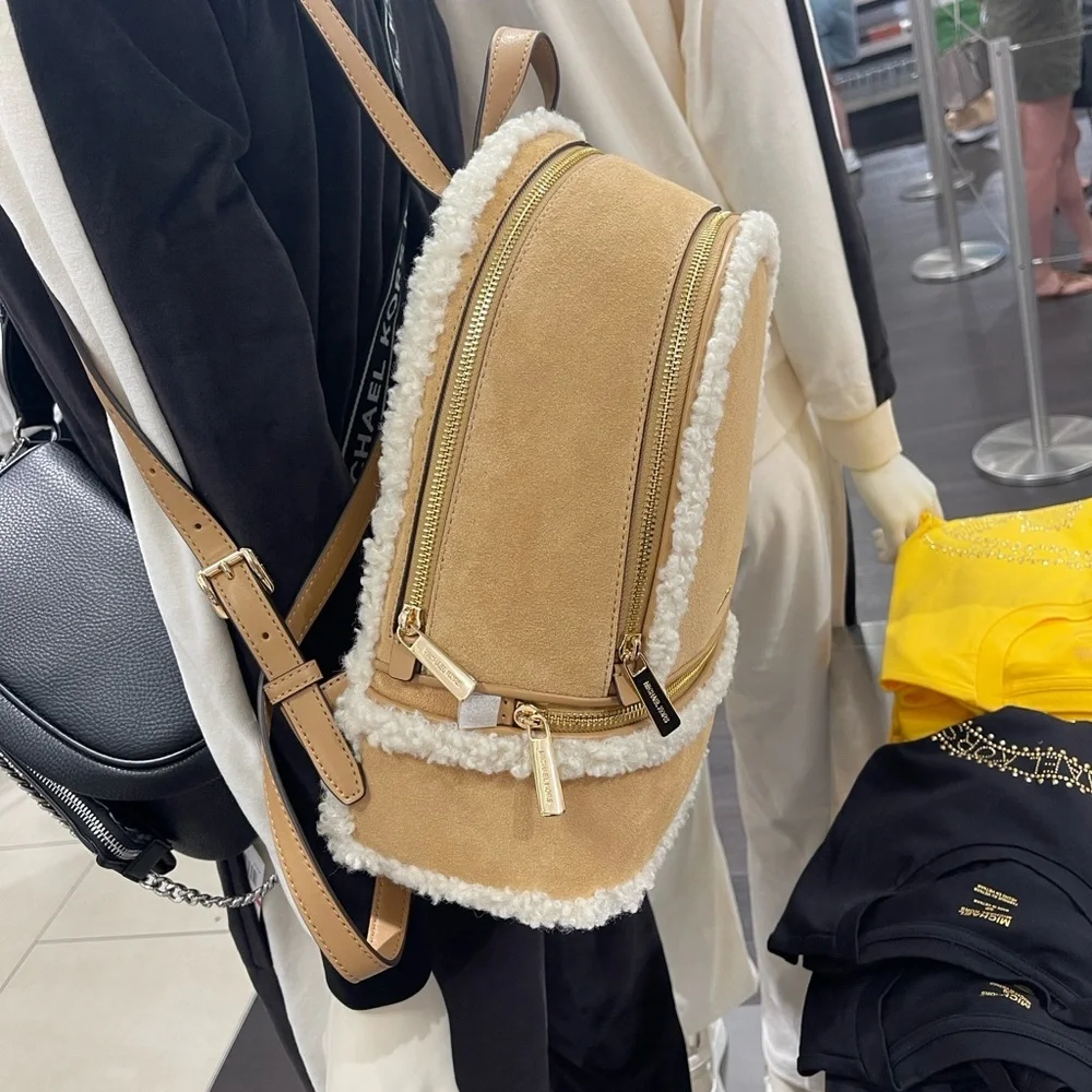 MICHAEL KORS Rhea Medium Suede and Faux Shearling Backpack Peanut  NWT